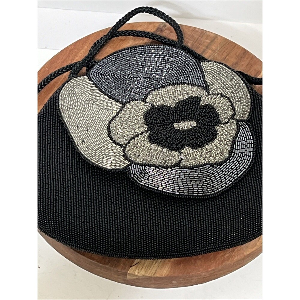 Vintage Jeromes Black Silver Beaded Purse Evening Crossbody Bag Wearable Art